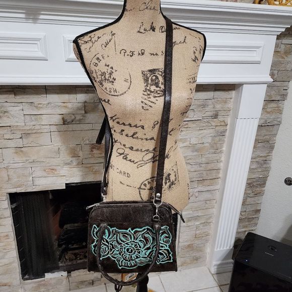 Patricia Nash Paris Satchel Tooled Turquoise Brown Leather P018133 New - Picture 2 of 16